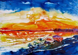 painting of a sunset with boats in a foreground in acrylic on TerraSkin paper
