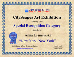 certificate of special recognition awarded to Anna Lesniewska by The Light Space & Time Online Art Gallery for painting "New York, New York"