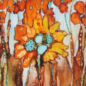painting of imaginary orange flowers done on yupo paper with alcohol inks and mounted on wood panel