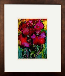 abstract painting of pansies done with alcohol ink on Yupo Paper