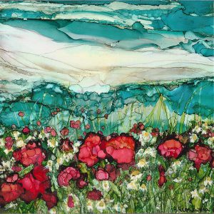 painting of poppies in the hills done with alcohol inks on yupo paper and mounted on six by six by one and a half inches wood panel