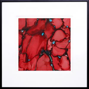 abstract paintning of red flowers done with alcohol ink on Yupo Paper