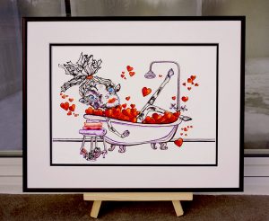 painting of a cow in a bath filled with hearts done with acrylic and mixed media on yupo paper