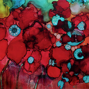photo of painting of red flowers done with alcohol ink on yupo paper mounted on wood panel