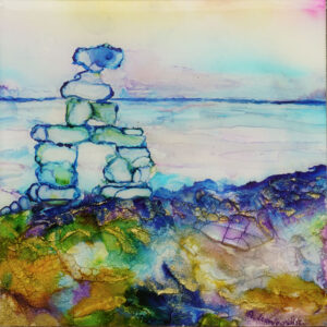 painting of a stone landmark - inuksuk standing on a stones on a beach done with alcohol inks and mixed media on Yupo paper and mounted on 6 x 6x 1.5 inches wood panel