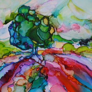 photo of painting of tree in done with alcohol ink on yupo paper mounted on wood panel