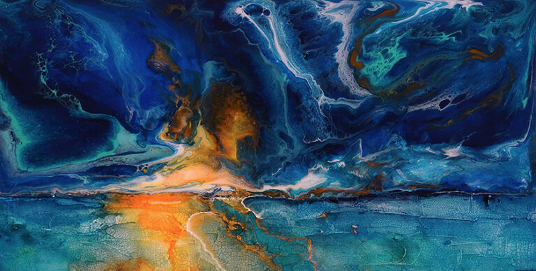 abstract painting of sunset done with mixed media on 30 x 15 x 1.5 inches wood panel with resin finish