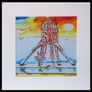 a whimsical giraffe lounging on a sunlit beach, wearing stylish sunglasses and adorned with playful bows, painted in acrylics and alcohol inks on yupo paper