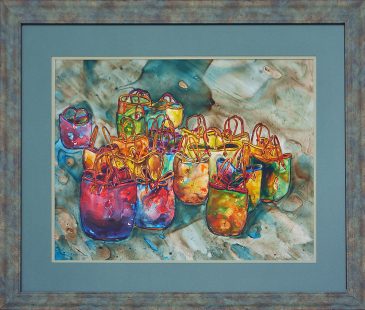 painting of baskets sitting on a ground in rainy water done with acrylic on Yupo paper